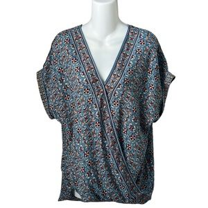 Max Studio Floral Surplice High Low Batwing Sleeve Blouse Blue Red Size Large